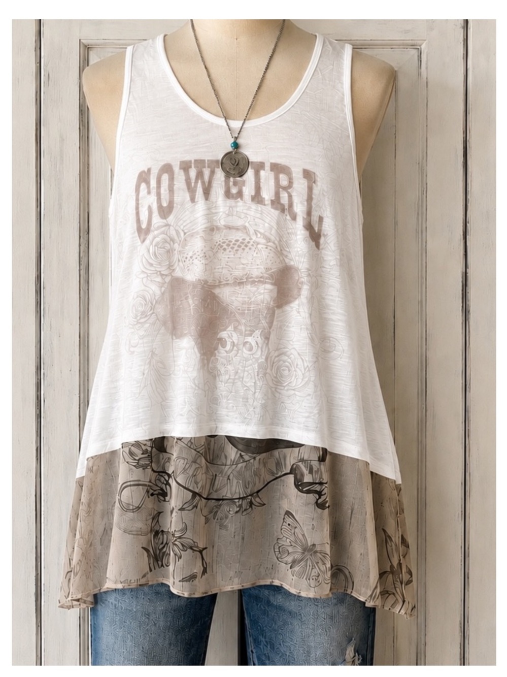 🟠NWT ORIGAMI Tank W/Sheer Fabric Detail “Cowgirl” in Cream